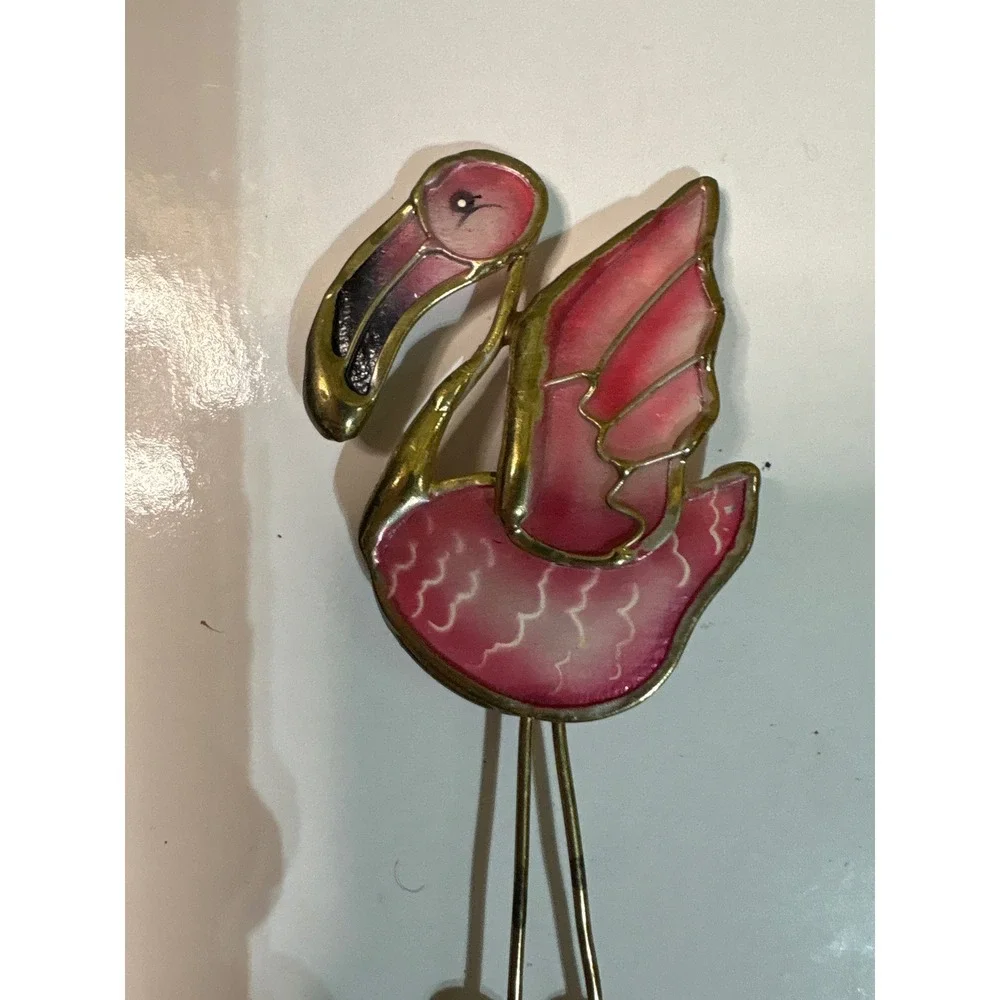 Whimsical Enamel Flamingo Brooch with Dangling Beads Gold Tone‎ Metal